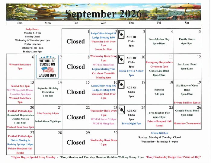 September 2026 Lodge Calendar