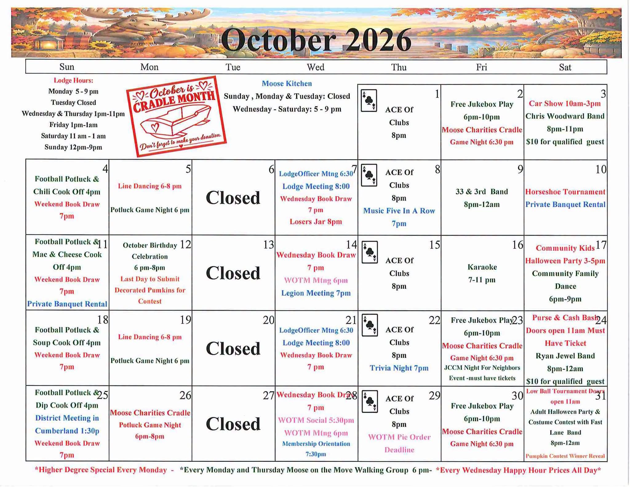 October 2026 Lodge Calendar
